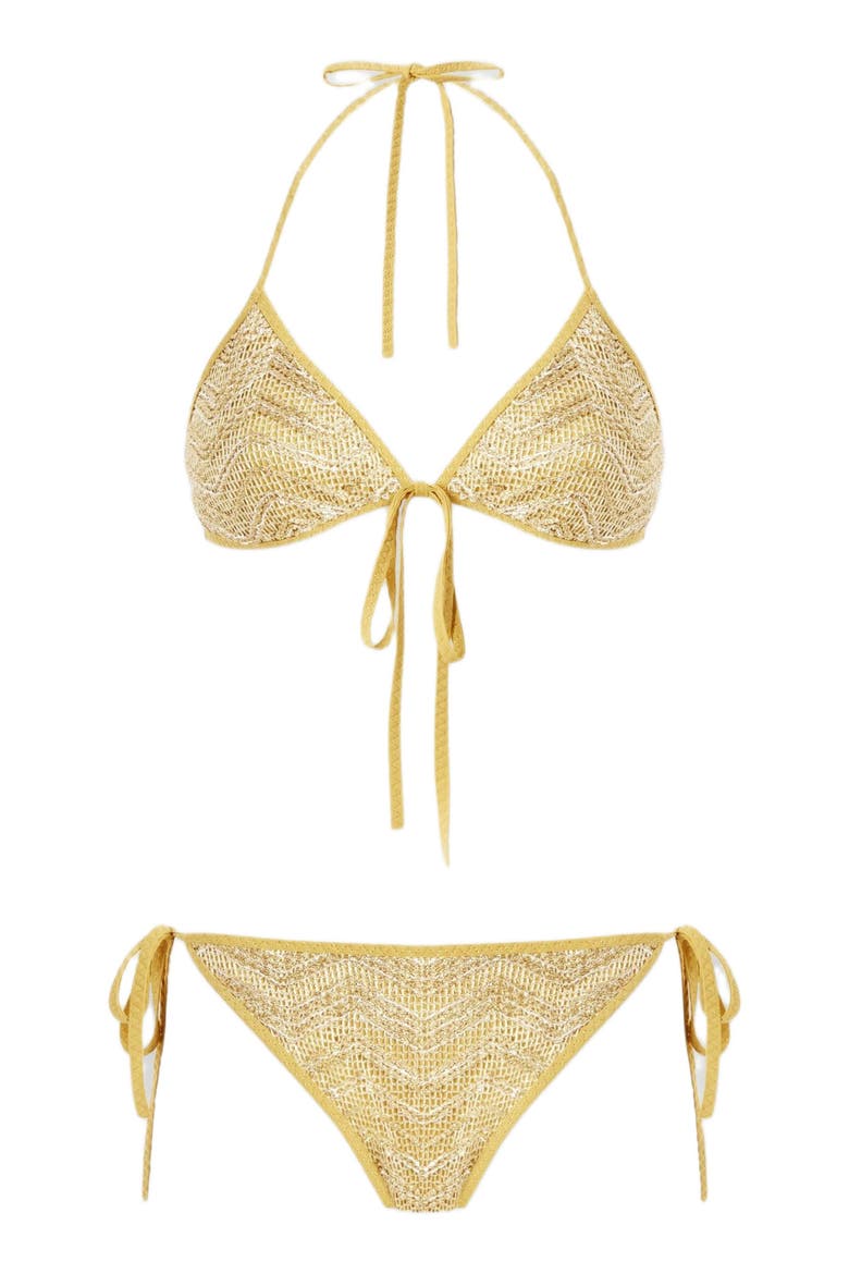 Triangle Mesh Bikini With Zigzag Pattern And Sequins, Alternate, color, Gold
