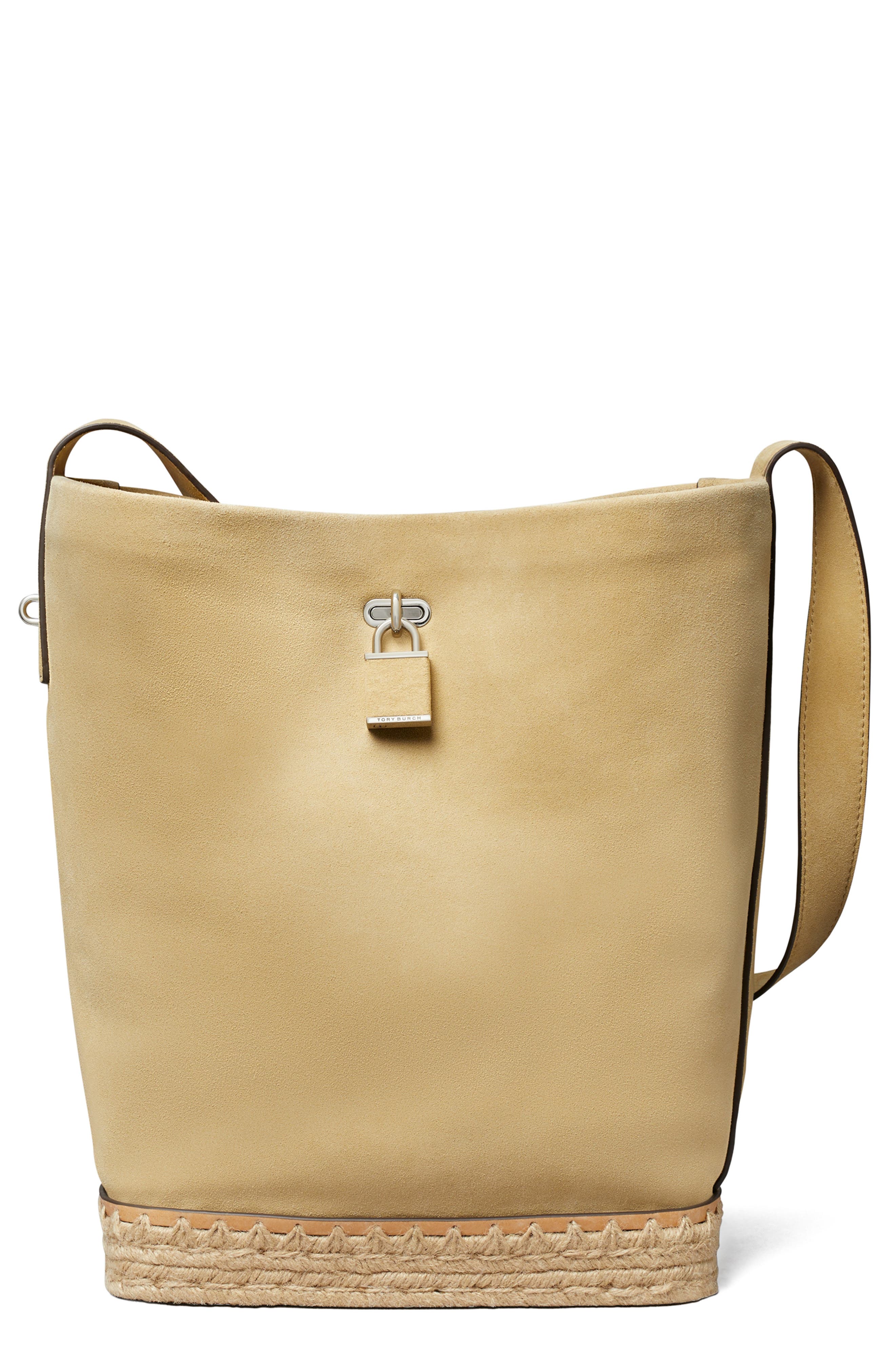 Lock T Monogram Crochet Slim Suede Shoulder Bag, Main, color, BUTTER