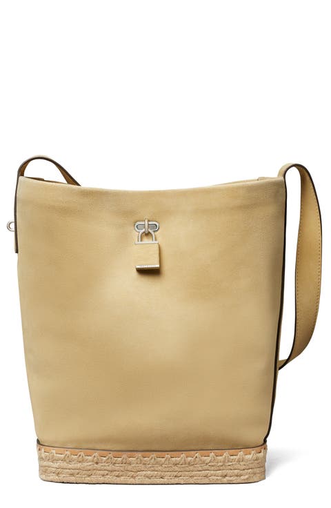Lock T Monogram Crochet Slim Suede Shoulder Bag