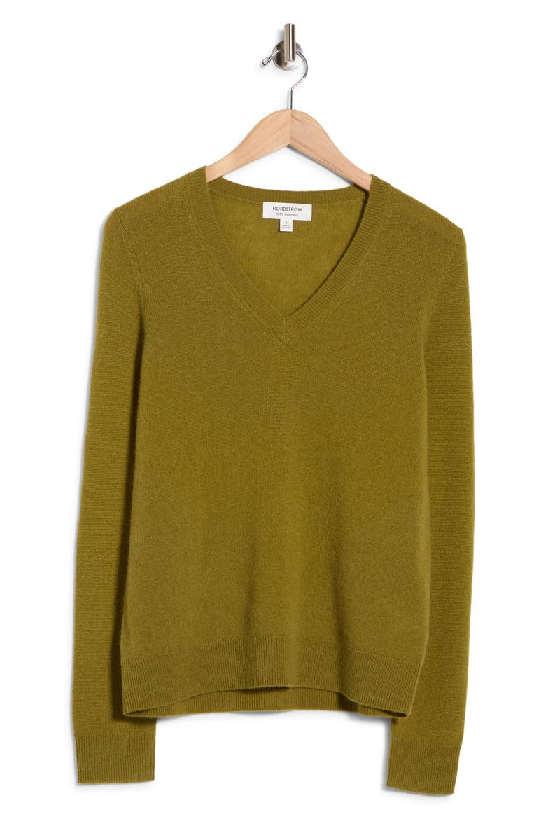 Cashmere V-Neck Sweater, Alternate, color, OLIVE PEA