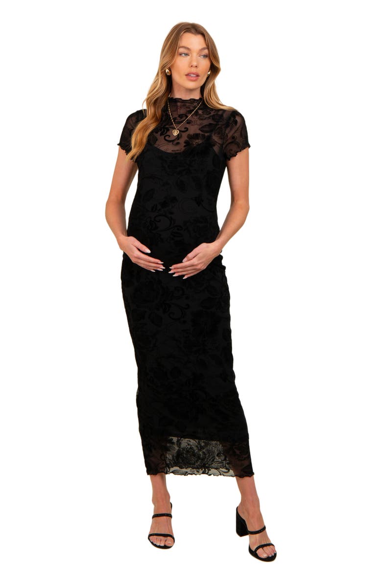 PinkBlush Floral Mesh Overlay Fitted Maxi Dress, Main, color, Black