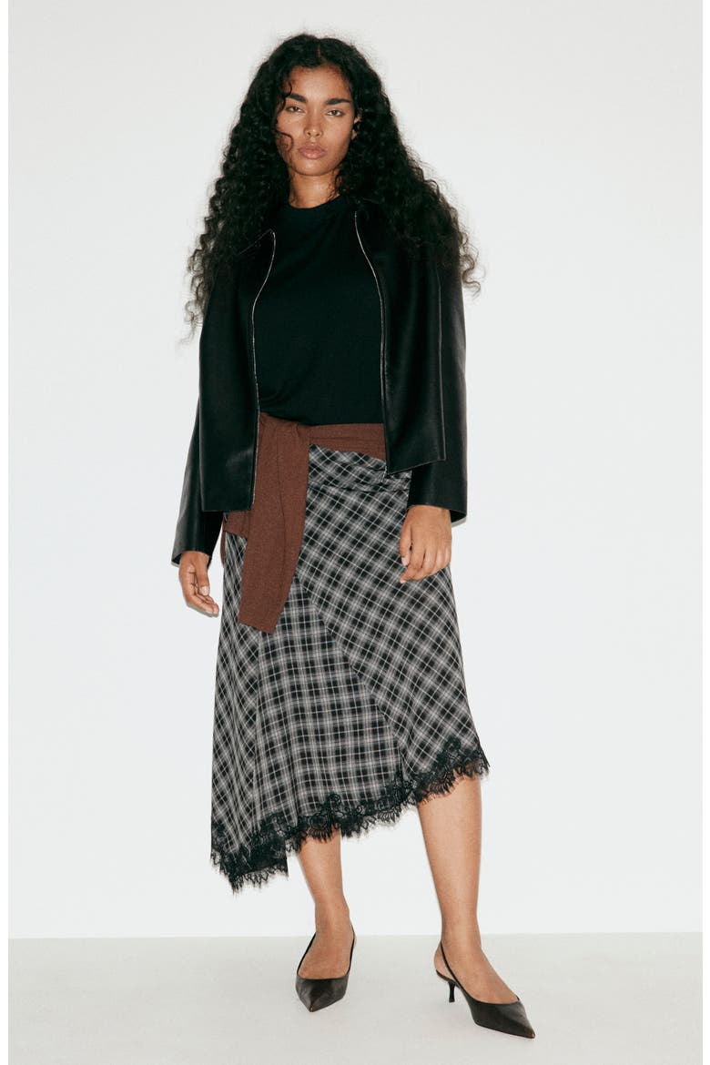 Lace Trim Plaid Midi Skirt, Alternate, color, BLACK