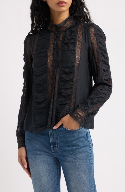Jacque Lace Silk Paneled Button-Up Shirt