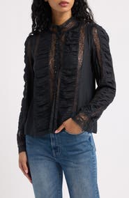 LoveShackFancy Jacque Lace Silk Paneled Button-Up Shirt