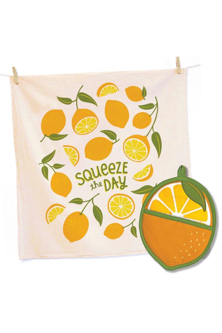 Lemon Tea Towel and Pot Holder Set, Main, color, Yellow