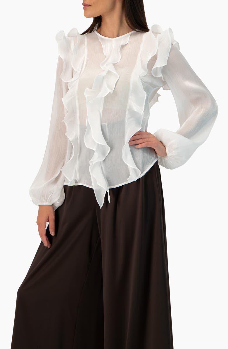 IVONNE Long Sleeve Sheer Blouse with Ruffle Detail, Alternate, color, Ivory