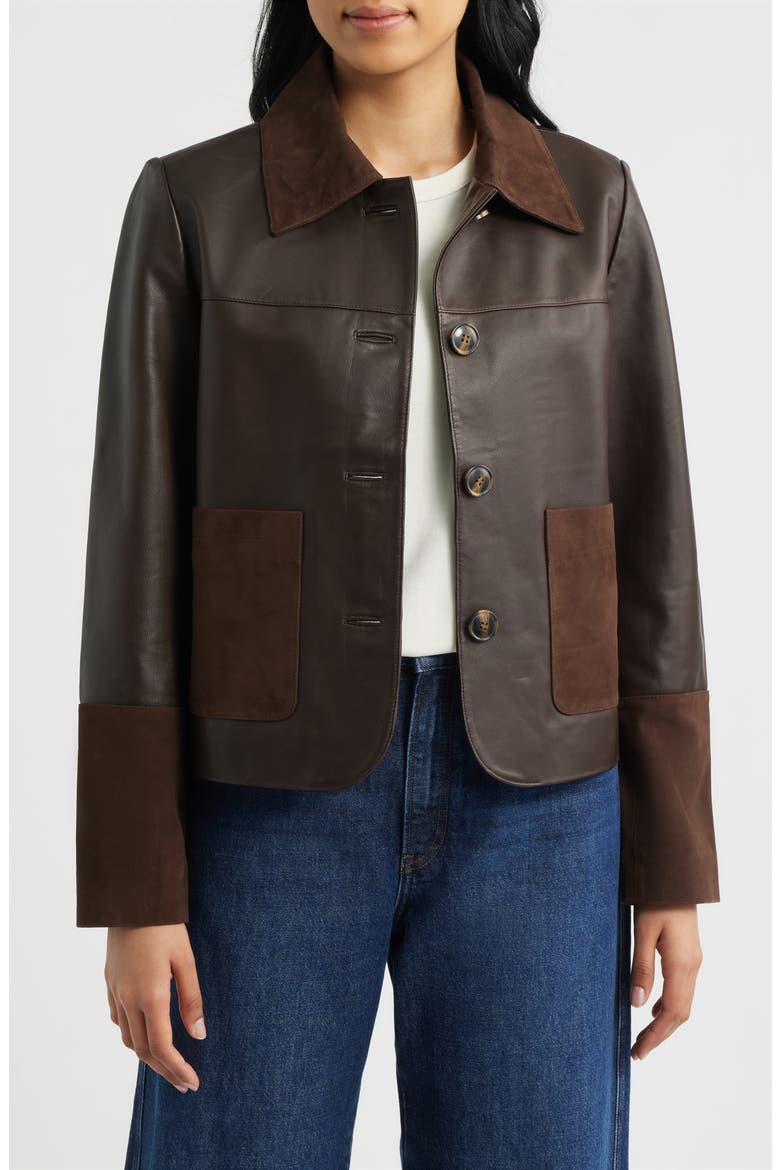 Short Mixed Media Leather Jacket, Main, color, CHOCOLATE