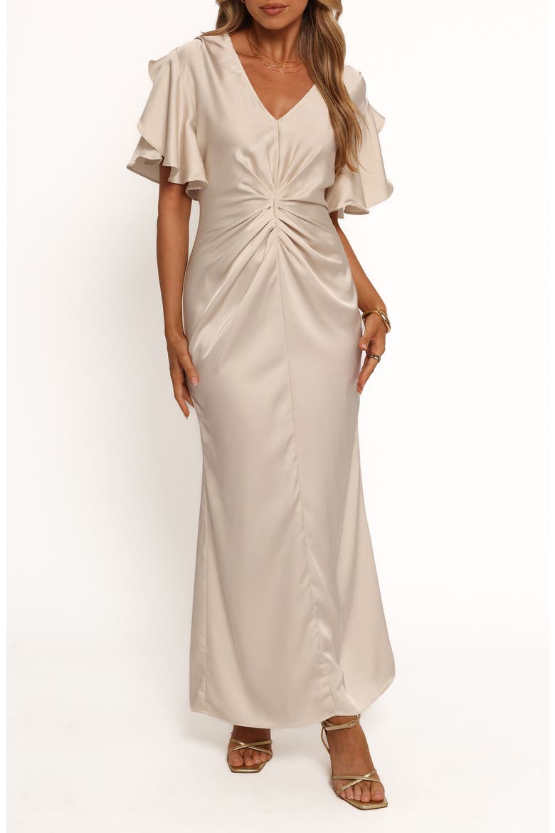 Georgianna Center Ruched Satin Maxi Dress, Main, color, DOVE