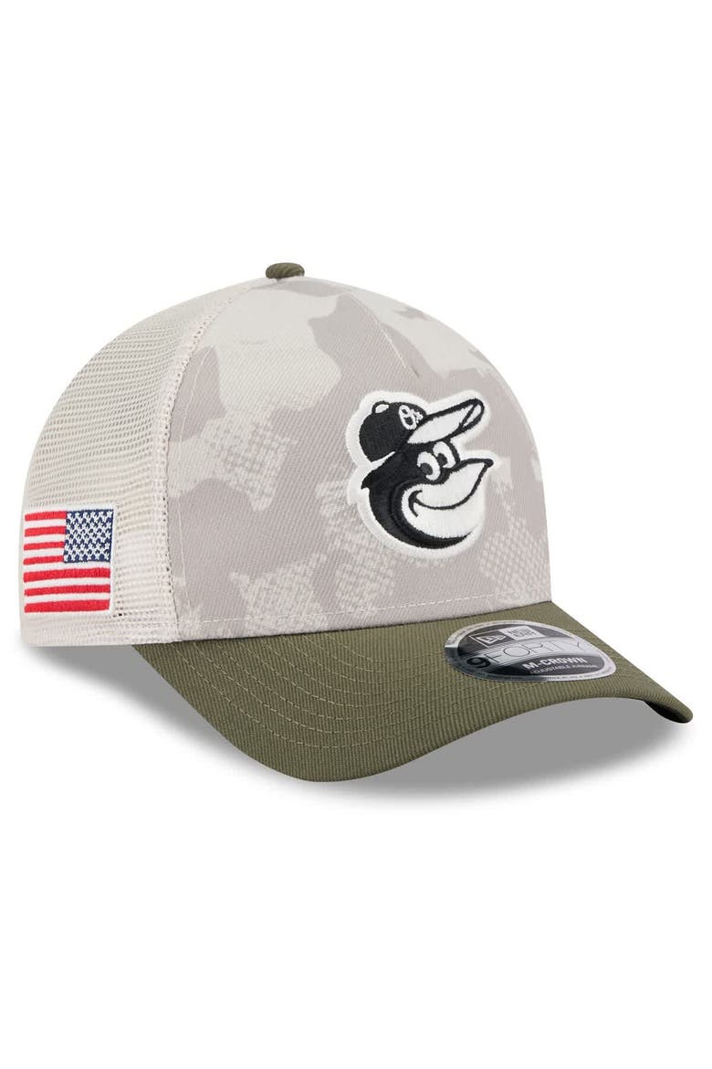 Men's New Era Light Beige/Olive Baltimore Orioles 2025 Armed Forces Day 9FORTY M-Crown A-Frame Adjustable Hat, Main, color, Light Beige