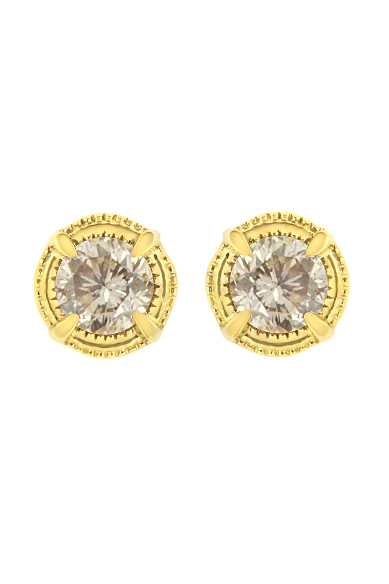 14K Yellow Gold Plated Silver 1/3 Ct Diamond Solitaire Milgrain Stud Earrings, Main, color, Yellow
