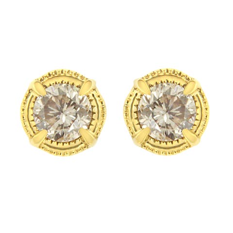 14K Yellow Gold Plated Silver 3/4 Ct Diamond Solitaire Milgrain Stud Earrings