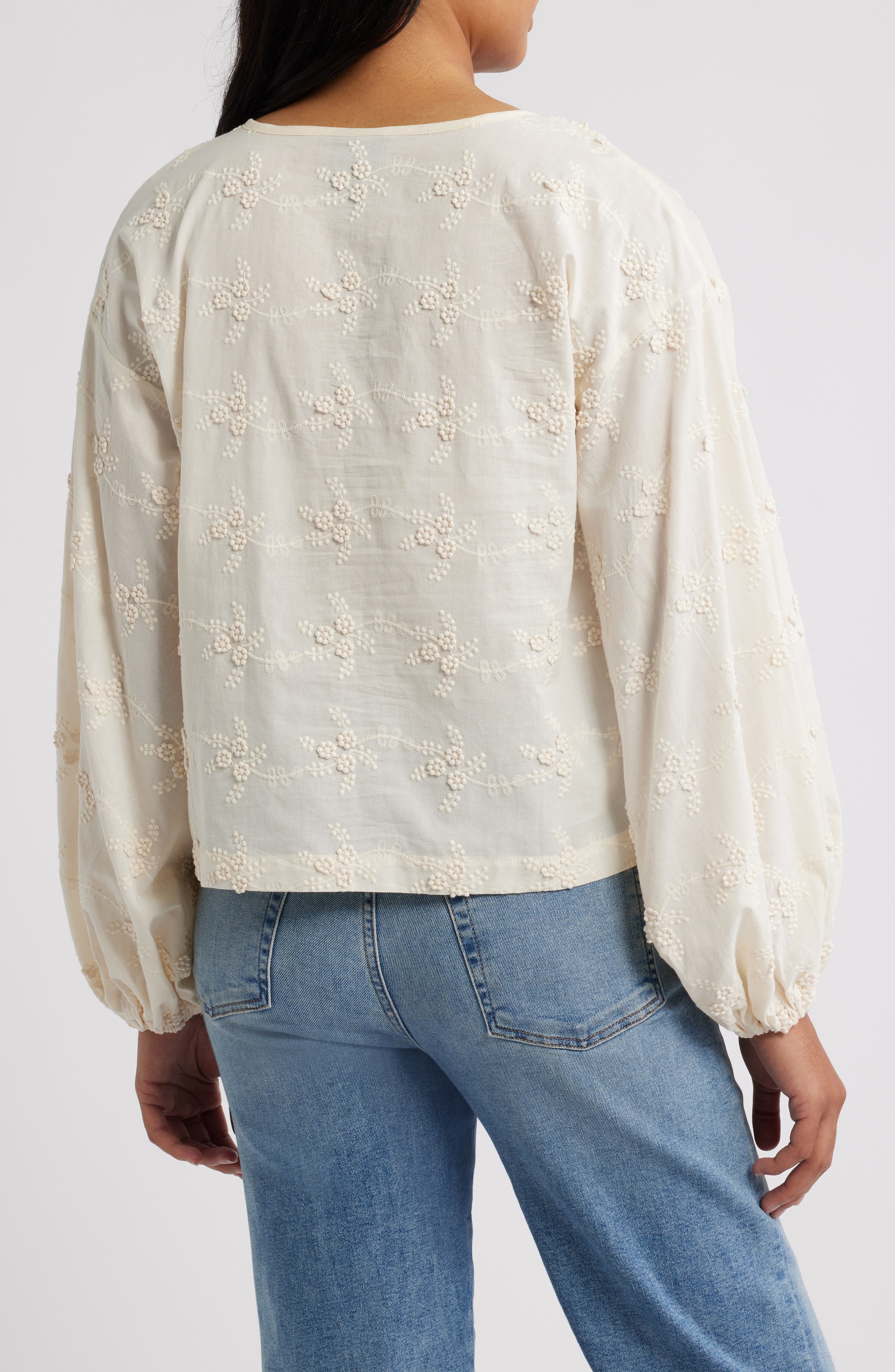 Balloon Sleeve Tie Neck Cotton Top - image 2