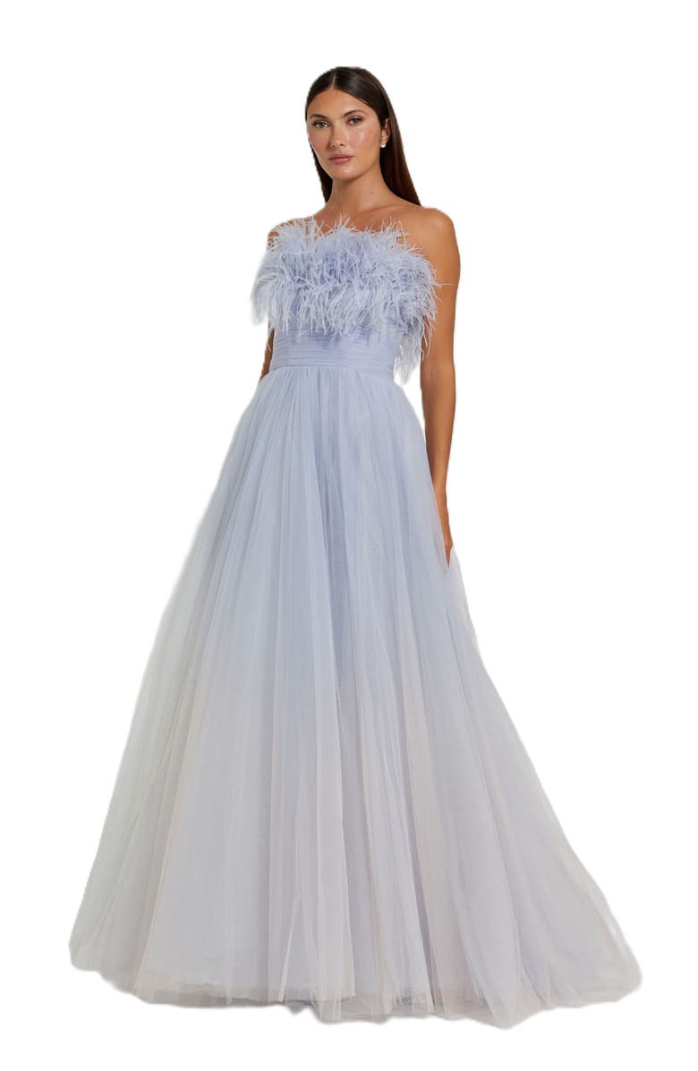 Mac Duggal Strapless Feather Hem Tulle Gown, Main, color, Blue Ombre