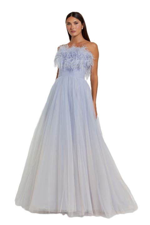 Strapless Feather Hem Tulle Gown
