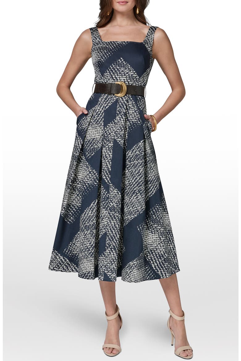 Abstract Print Belted Stretch Cotton Dress, Main, color, NIGHTFALL/ CREAM