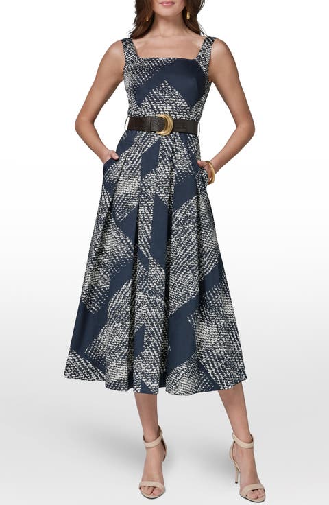 Abstract Print Belted Stretch Cotton Dress