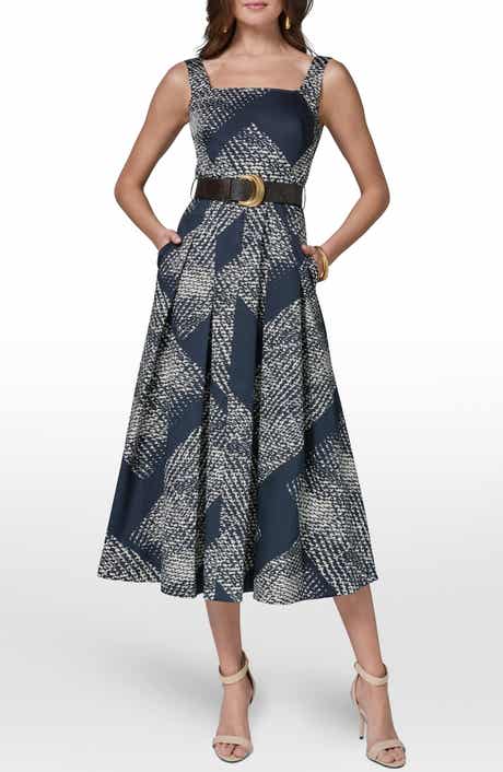 Abstract Print Belted Stretch Cotton Dress