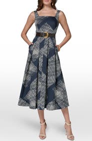 Donna Karan New York Abstract Print Belted Stretch Cotton Dress