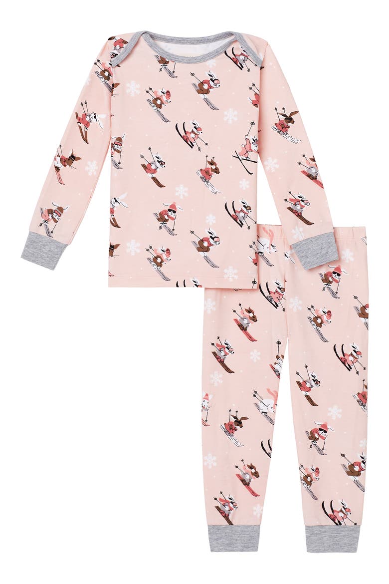 Print Fitted Two-Piece Stretch Organic Cotton Pajamas, Main, color, SKI BUNNIES