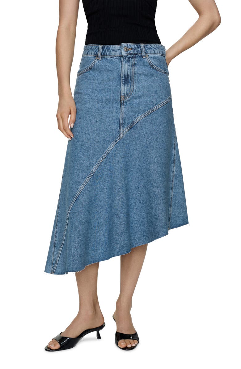 MANGO Asymmetric Raw Hem Denim Midi Skirt, Main, color,
