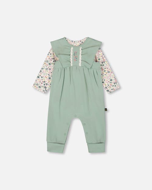 Deux Par Deux Organic Cotton Bodysuit And Sleeveless Overalls Set In Green