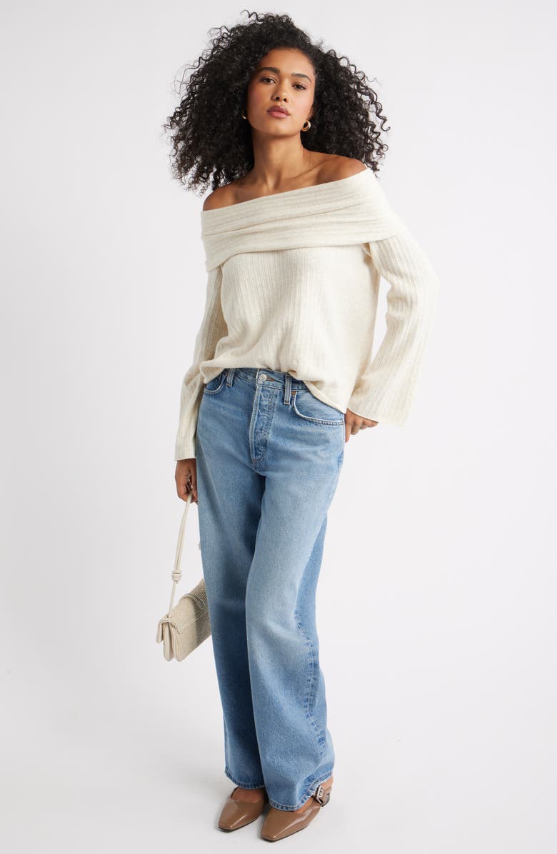 Open Edit Off the Shoulder Sweater, Alternate, color, Beige Oatmeal Light Heather