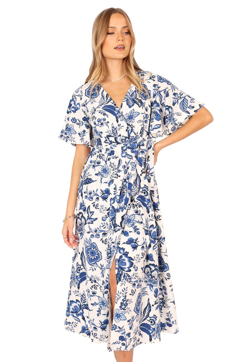 Petal & Pup Kaleen Floral Midi Wrap Dress, Alternate, color, White Blue