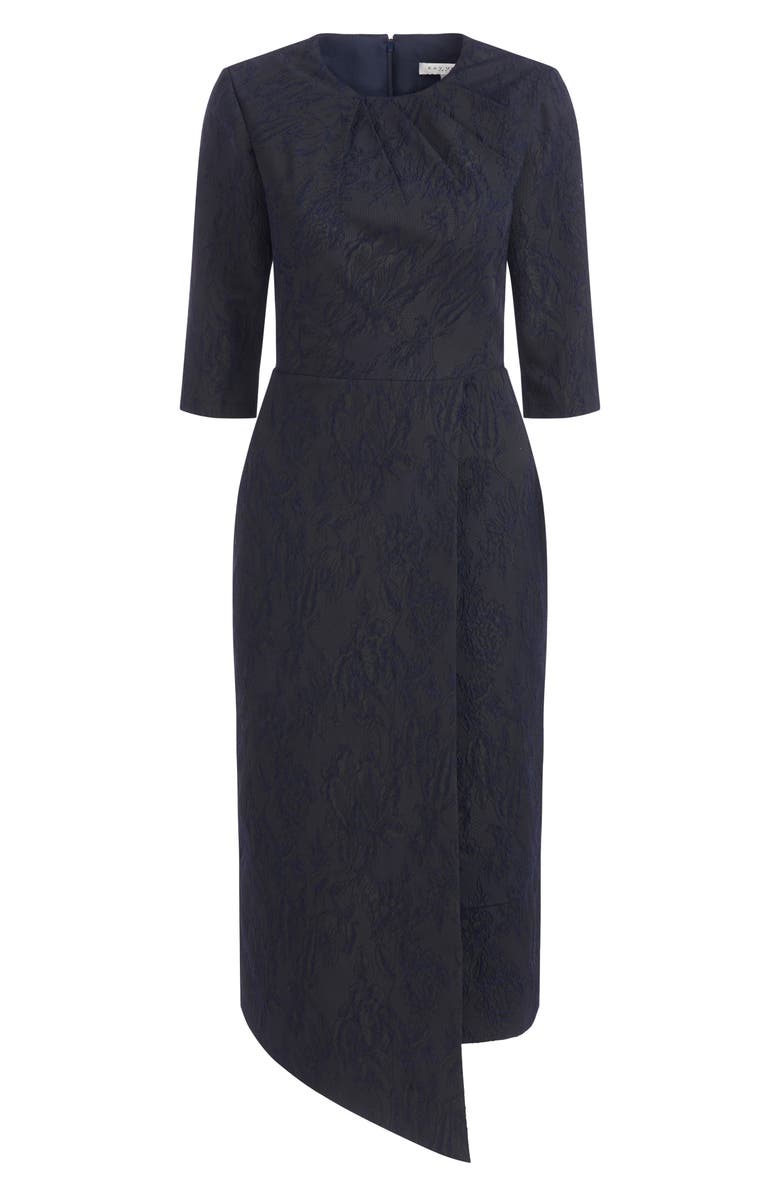 Kay Unger Gloria Asymmetric Floral Jacquard Drape Detail Cocktail Midi Dress, Alternate, color,