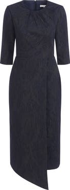 Kay Unger Gloria Asymmetric Floral Jacquard Drape Detail Cocktail Midi Dress