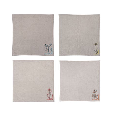 18 Inches Square Cotton and Linen Napkins with Flower Embroidery and French Knot Design for Party and Kitchen, Set of 4