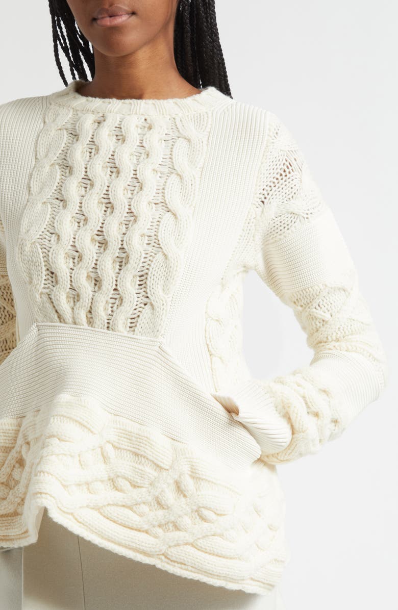 Sacai Cable Knit Peplum Sweater, Alternate, color, Off White