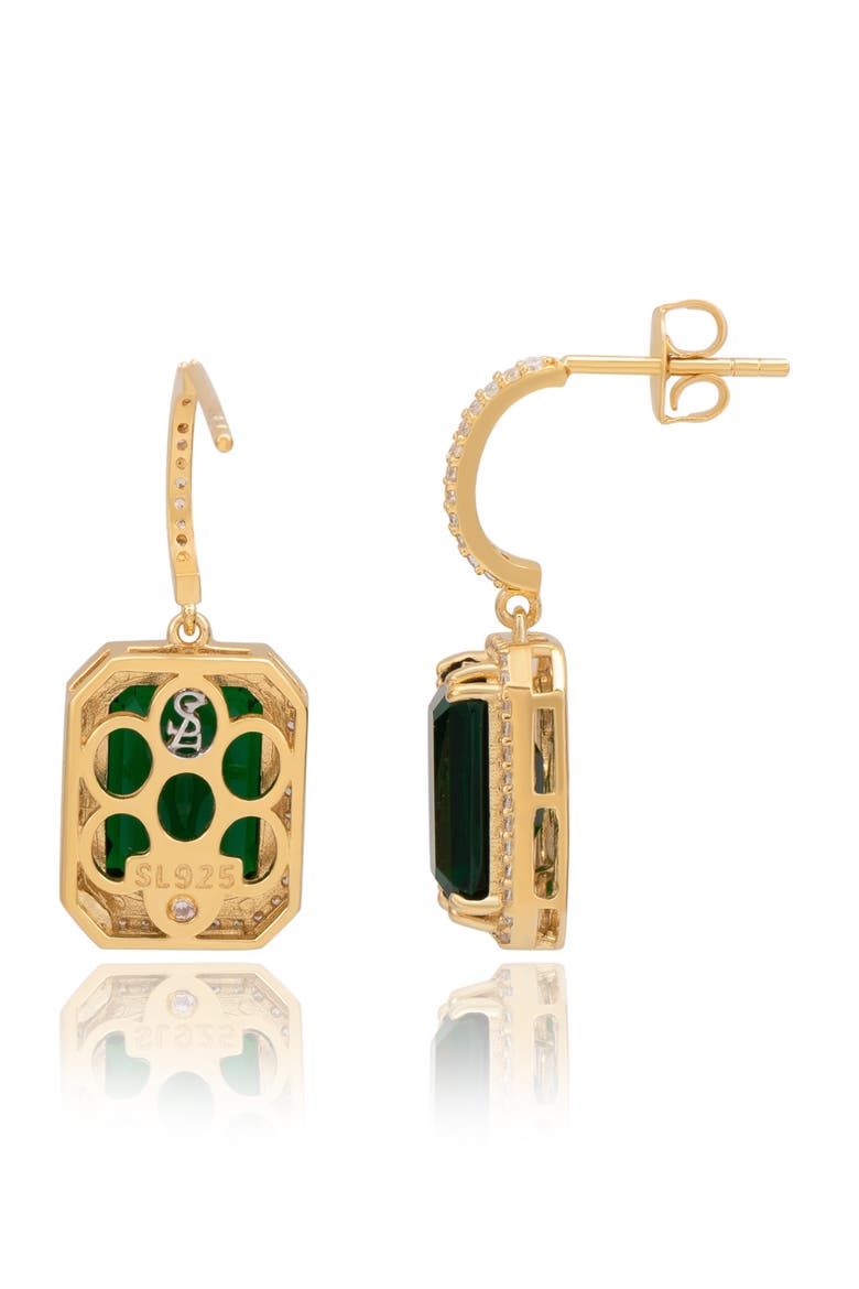 Emerald Cut Cubic Zirconia Halo Drop Earrings, Alternate, color, GREEN