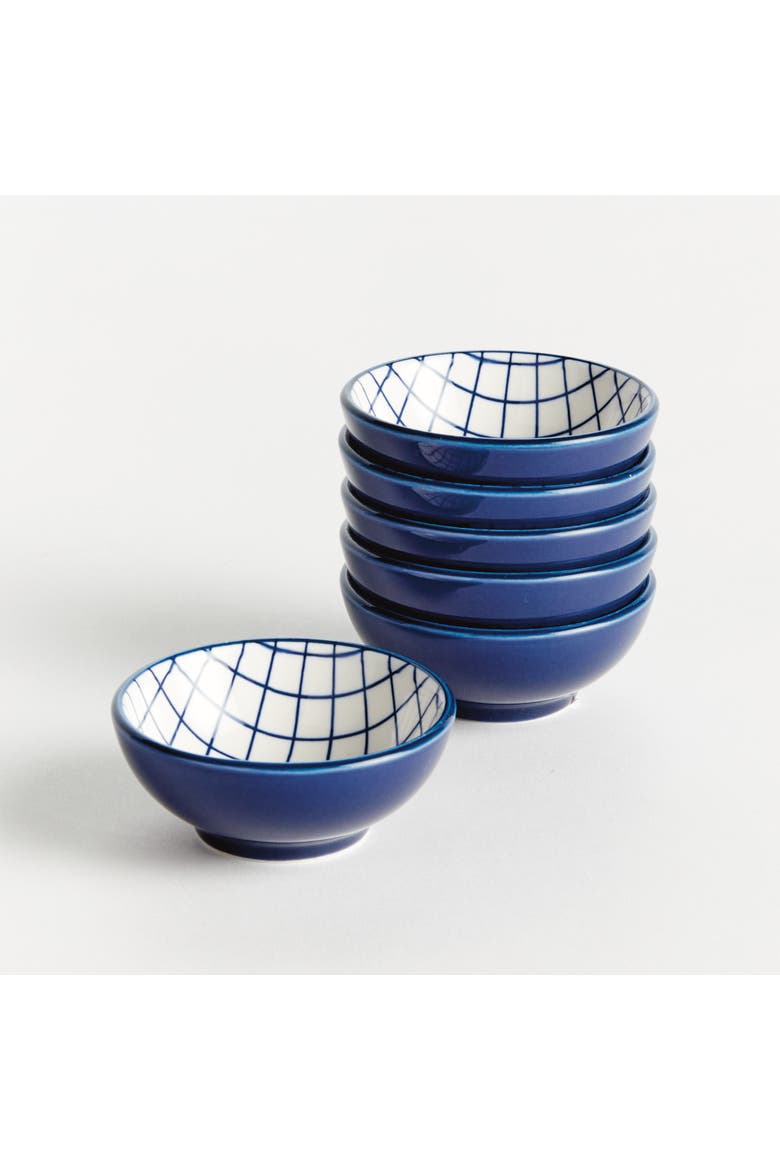 Stria Grid Dip Bowls, Set of 6 - Dark Blue/White Ceramic, Alternate, color, Blue