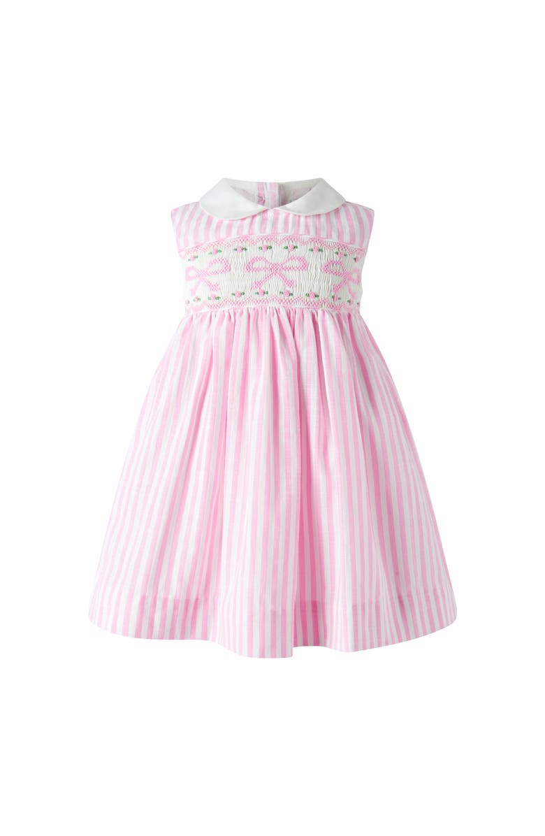 Rachel Riley Bow Smocked Striped Dress and Bloomers, Main, color, Pink