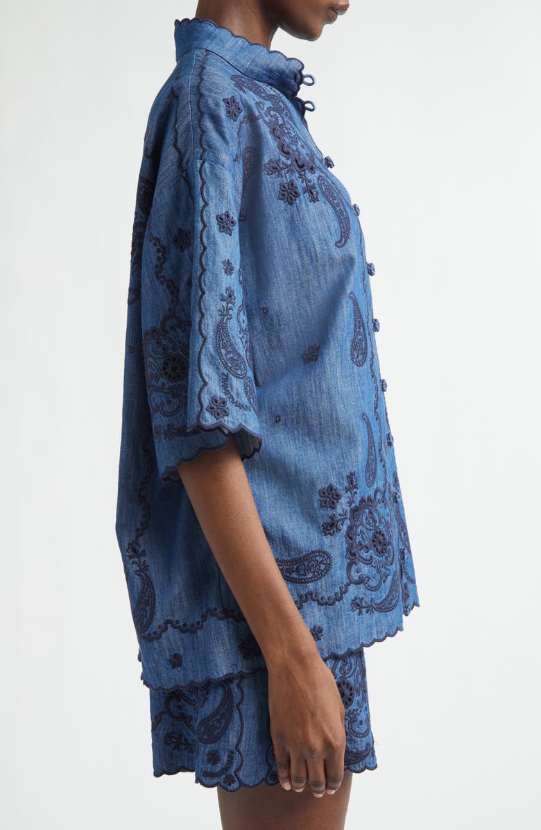 Zimmermann Aster Paisley Embroidered Denim Shirt, Alternate, color, Railway Blue