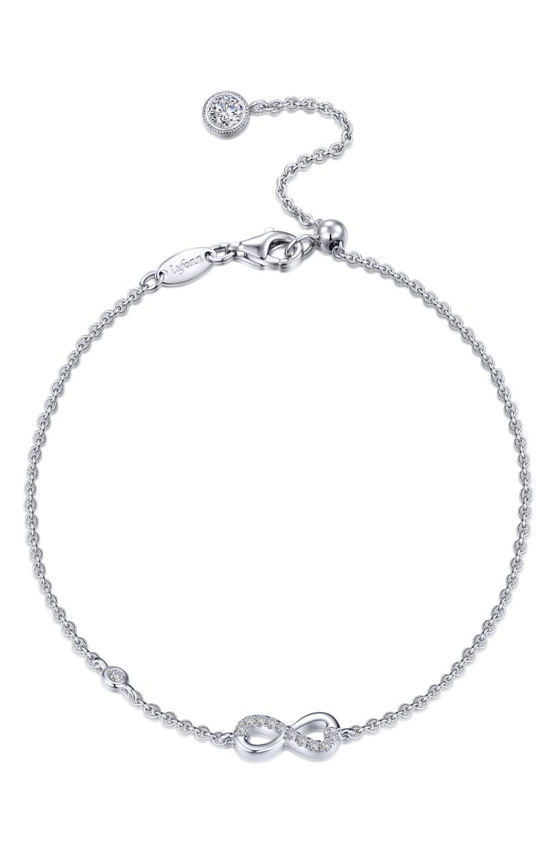 Lafonn Platinum Plated Sterling Silver Simulated Diamond Infinity Heart Charm Bracelet, Main, color, 