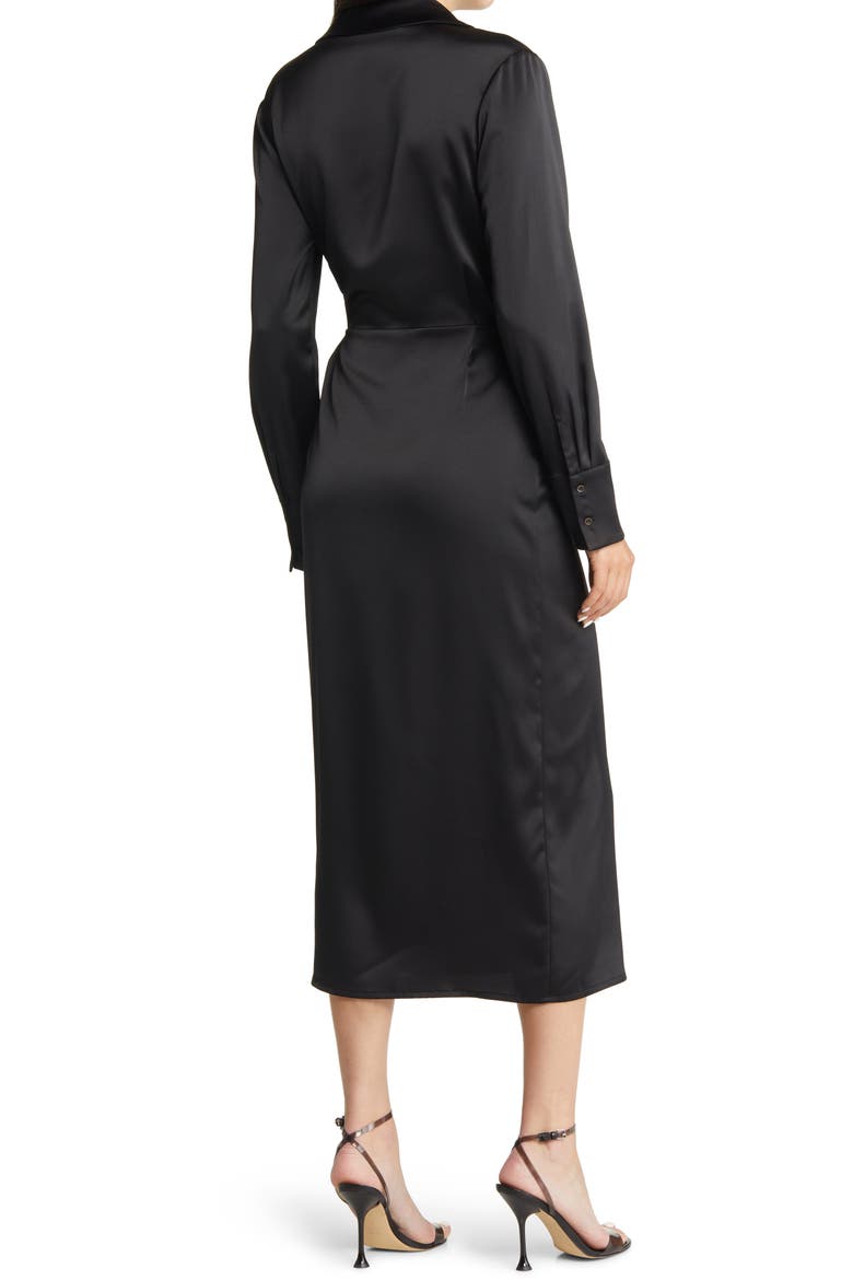 Long Sleeve Satin Midi Wrap Dress, Alternate, color, BLACK