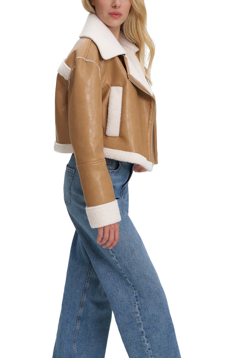 Noize Viveca Faux Leather Faux Shearling Trimmed Crop Jacket, Alternate, color, Cognac