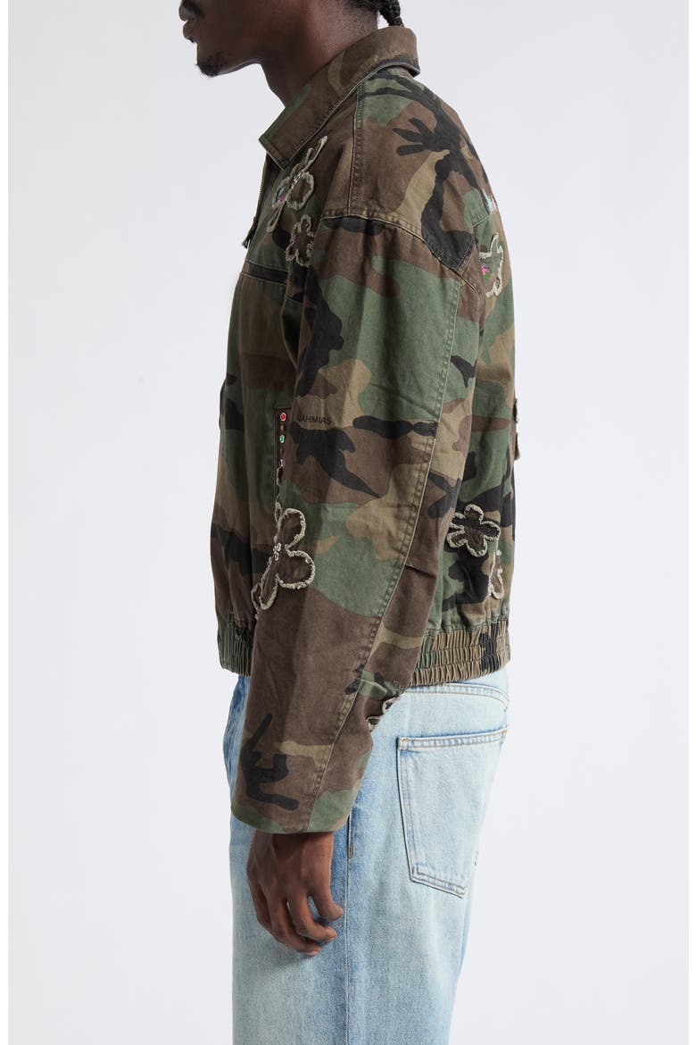 Crystal Embellished Floral Patch Camouflage Print Cotton Twill Jacket, Alternate, color, CAMO TWILL