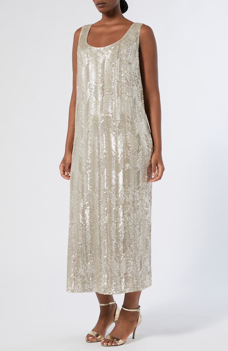 Marina Rinaldi Sacco Sequin Wave Shift Dress, Main, color, Beige