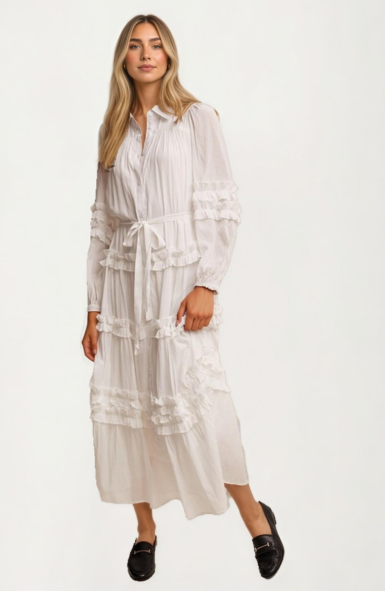 Knit and Lounge Long Sleeve Ruffle Tiered Maxi Shirt Dress, Alternate, color, White