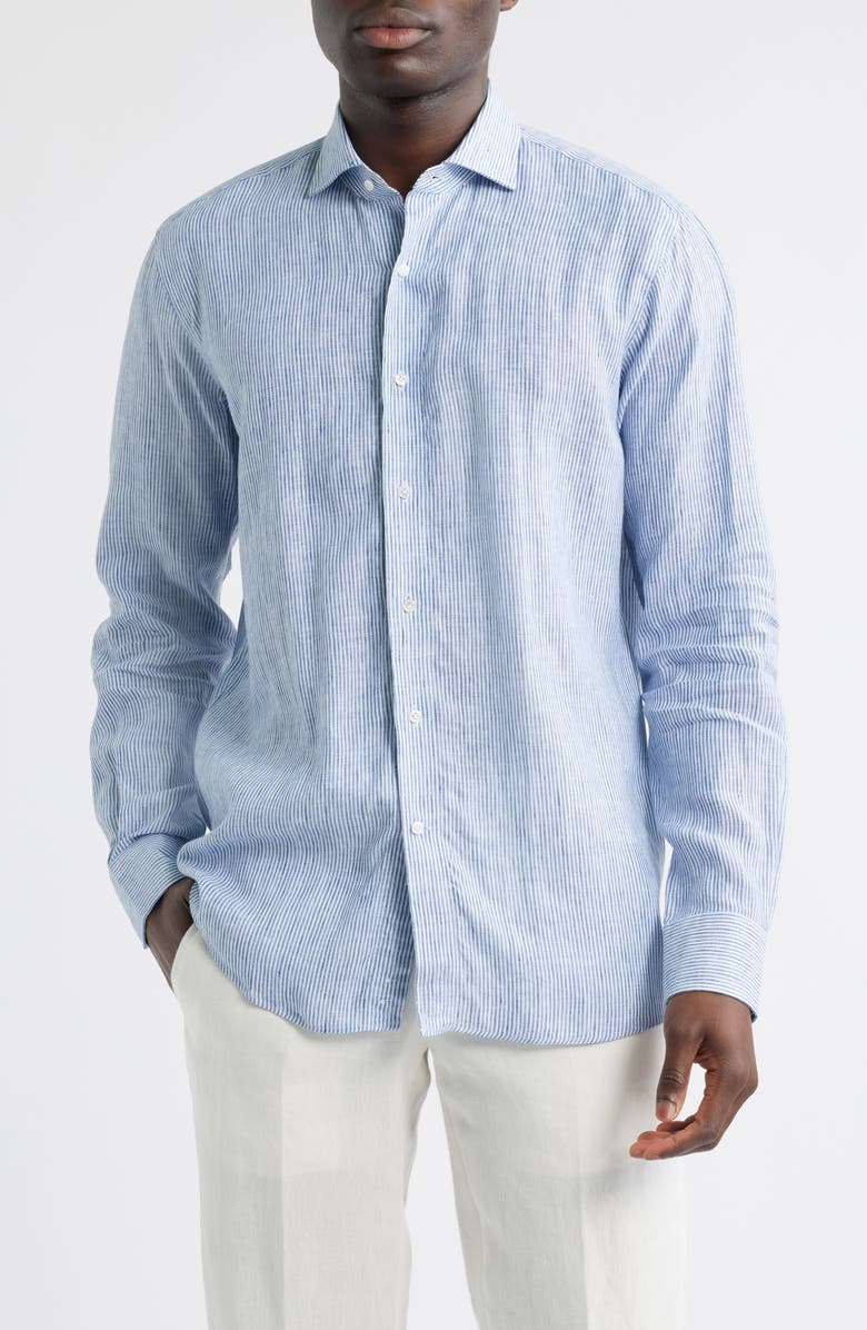 Peter Millar Crown Crafted Astino Lino Stripe Linen Button-Up Shirt, Main, color, 
