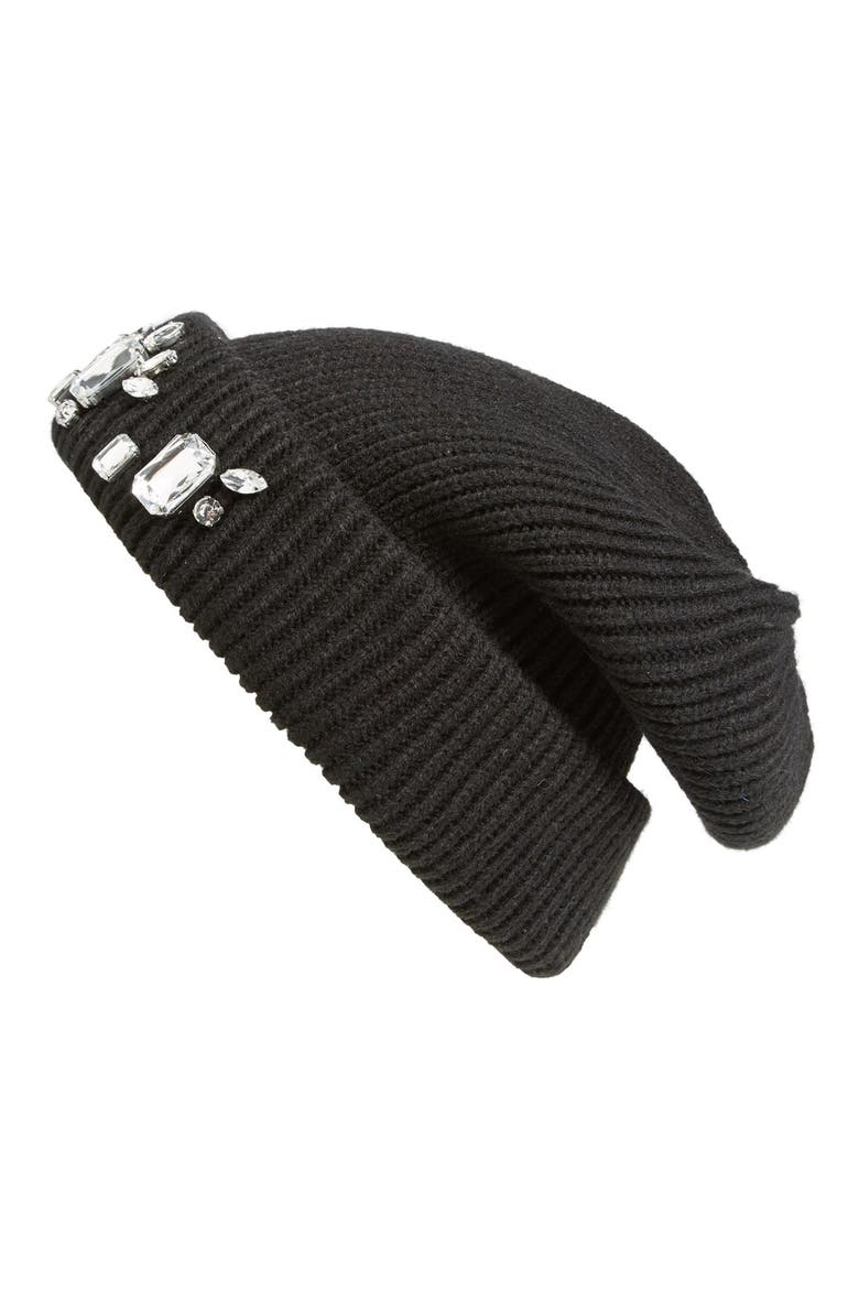 Jewel Embellished Beanie, Main, color, BLACK