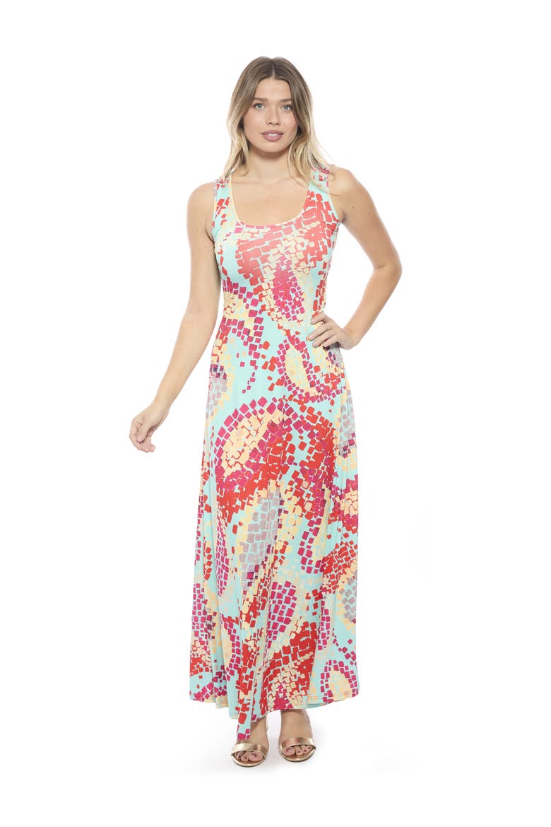 Womens Abstract Scoop Neck Sleeveless A-Line Maxi Dress, Main, color, Blue Multi