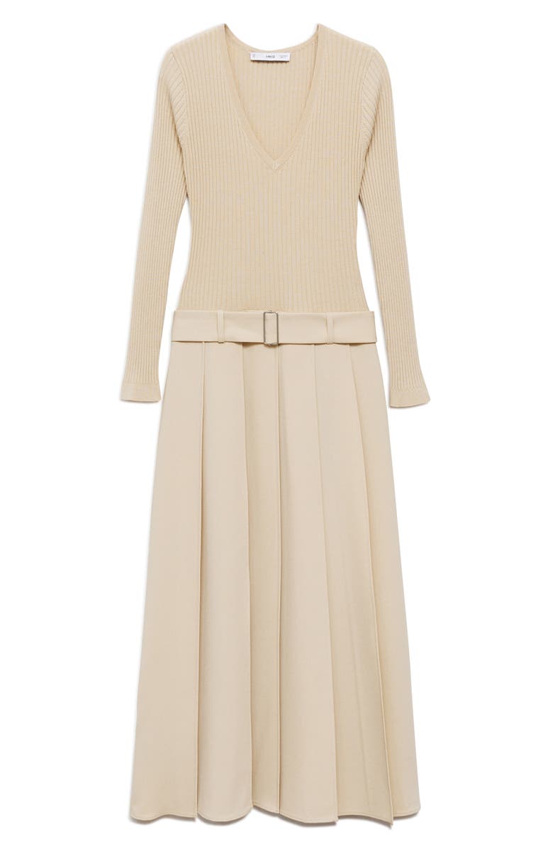 MANGO Paris Long Sleeve Mixed Media Dress, Alternate, color, Ecru