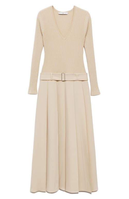 Mango Paris Long Sleeve Mixed Media Dress In Ecru