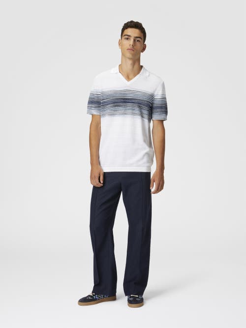 Missoni Honeycomb Cotton Knit Polo Shirt With Slub Detail In White & Blue