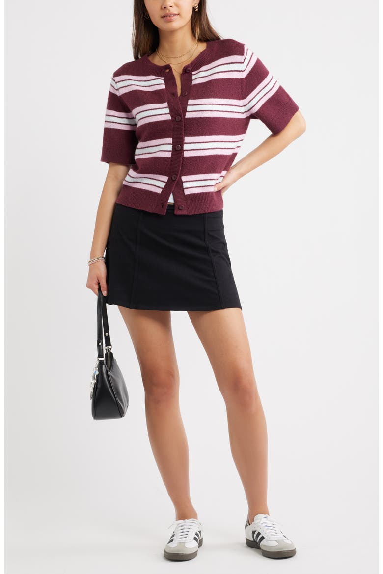Short Sleeve Cardigan, Alternate, color, BURGUNDY TANNIN STRIPE
