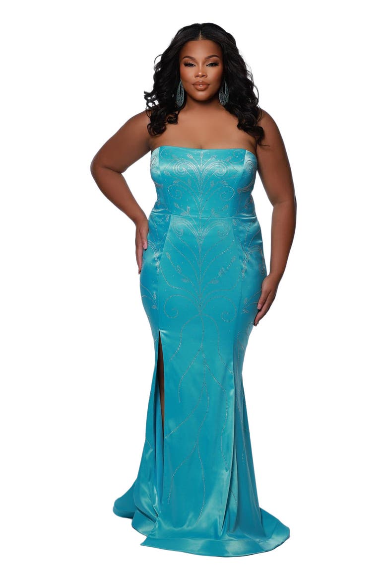 Slim Fitted Strapless Plus Size Evening Gown, Main, color, Aqua
