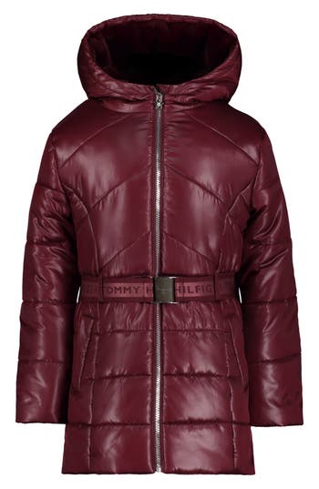 Tommy Hilfiger Kids' Logo Belted Waist Hooded Puffer Jacket In Burgundy